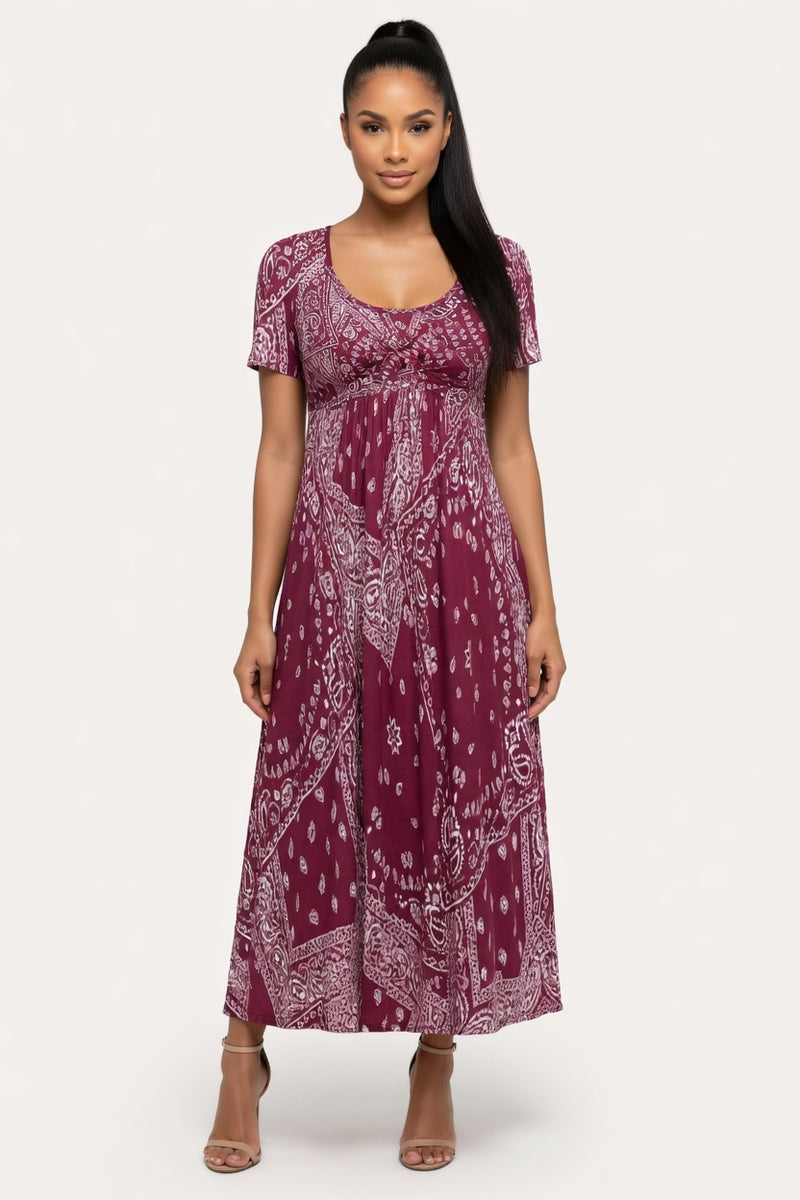 Printed Midi Dress Round Neck Short Sleeve — Red