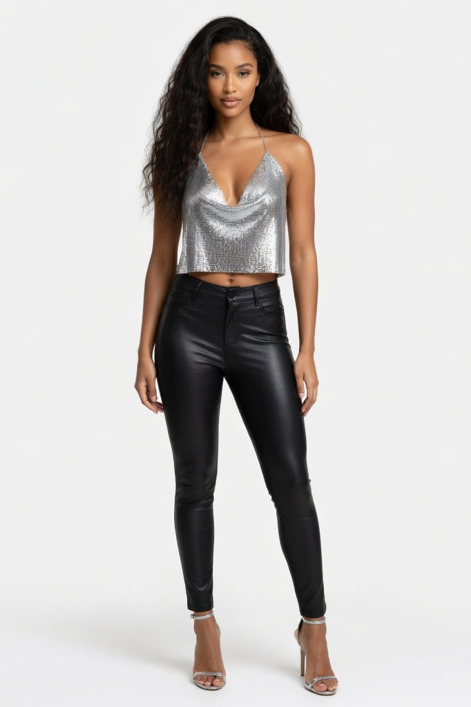 Metal Sequin Halter Top — Silver