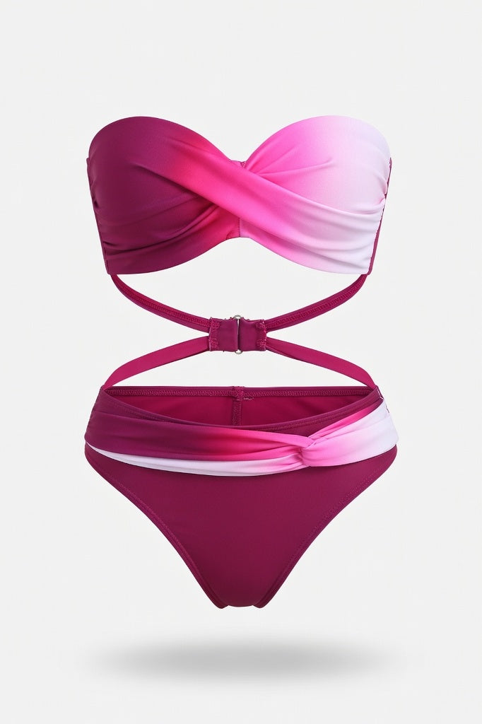 Gradient Twist Bandeau Bikini Set — Red