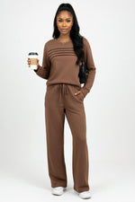 Ribbed Top & Wide Leg Trouser Set — Coffee