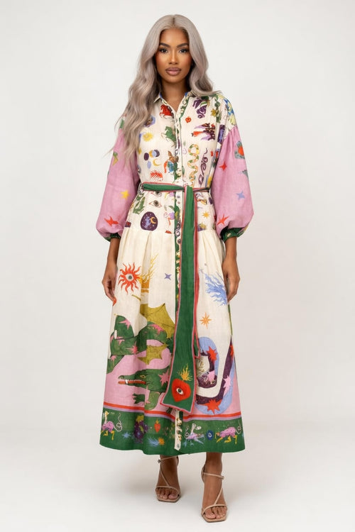 Printed Lace-Up Long Sleeve Dress — front view