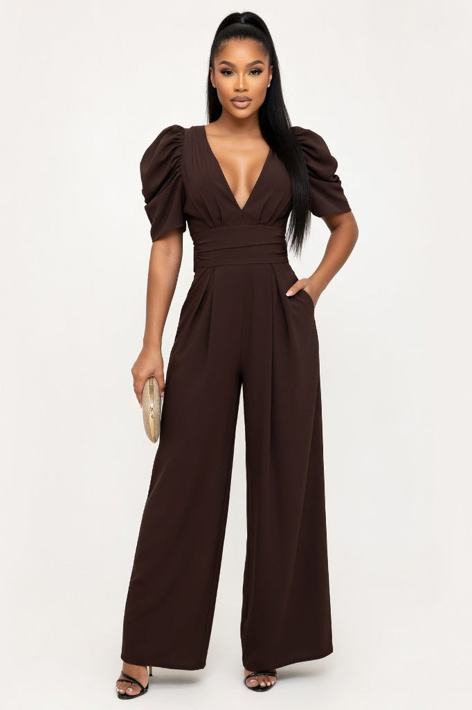 V-Neck Puff Sleeve Wide Leg Jumpsuit — Black