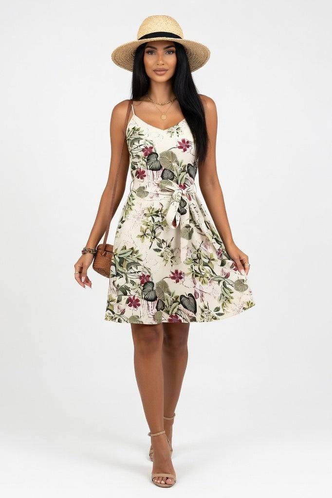 V-Neck Printed Halter Dress — Apricot