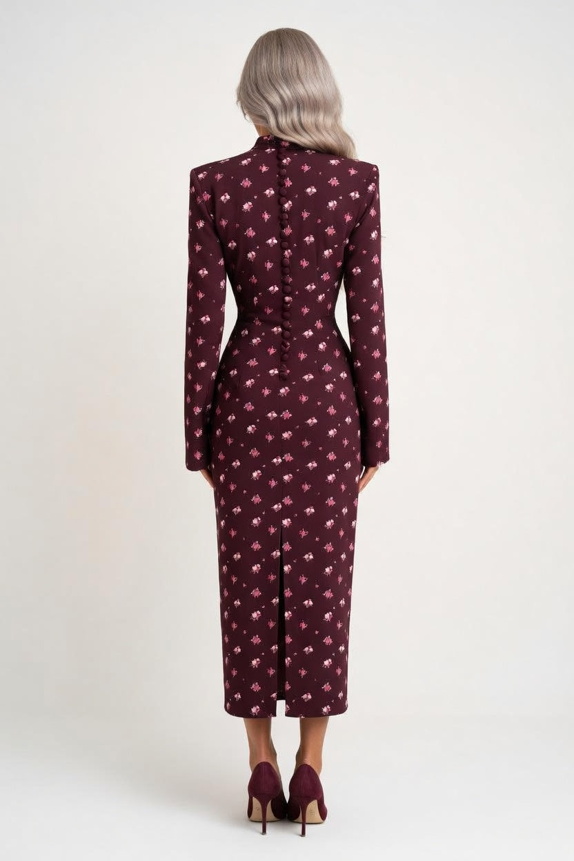 Single-Breasted Printed Slit Dress — back view