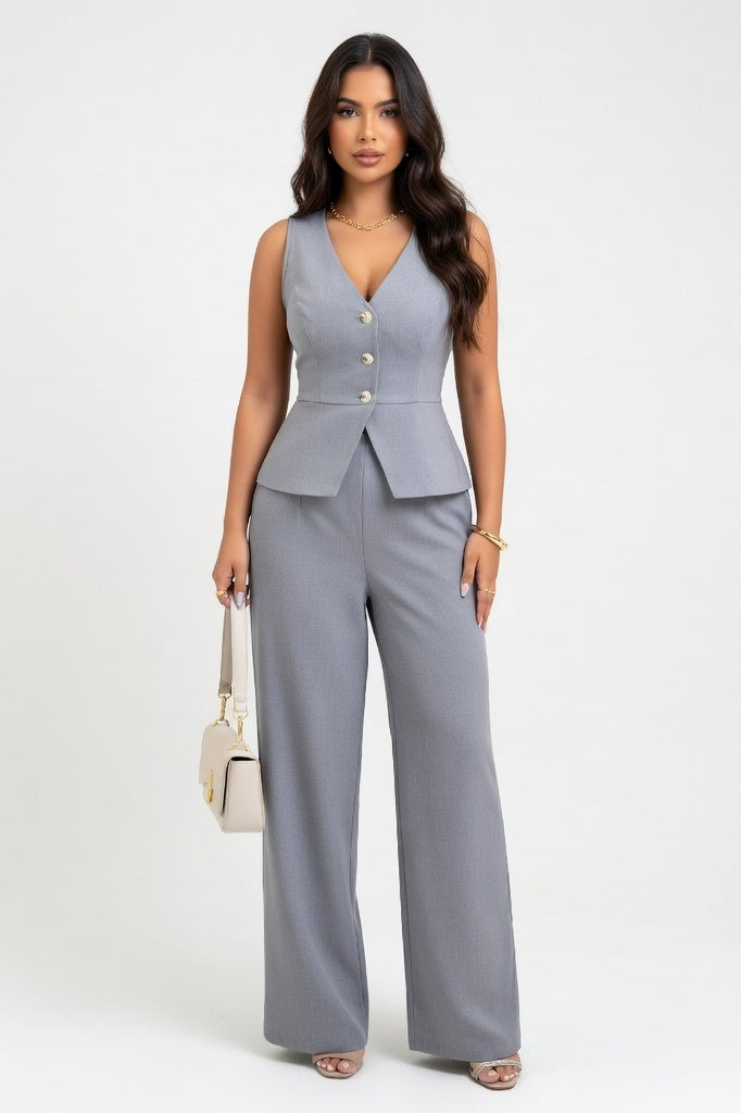 Sleeveless Vest & High-Waisted Trousers Co-ord — Grey