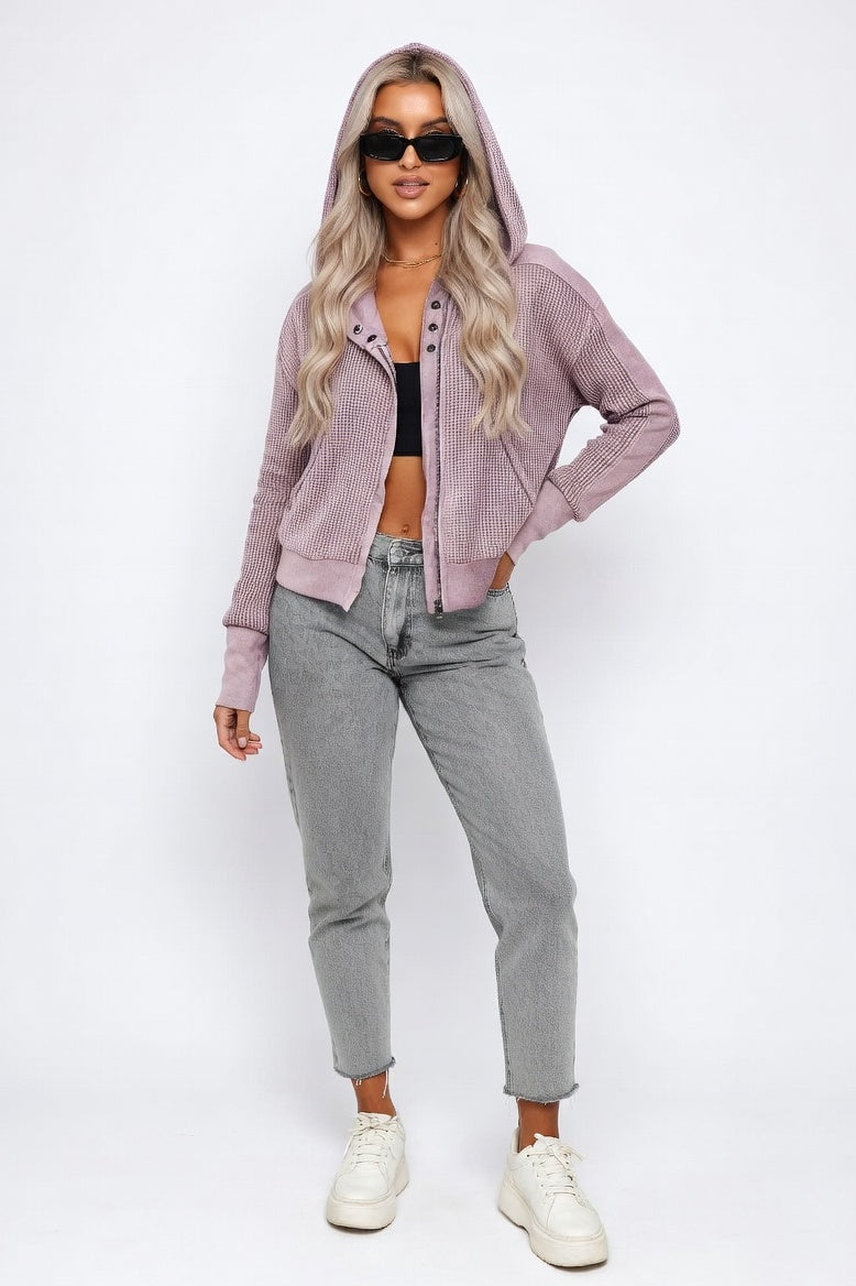 Waffle Knit Zip Hoodie — Pink Purple