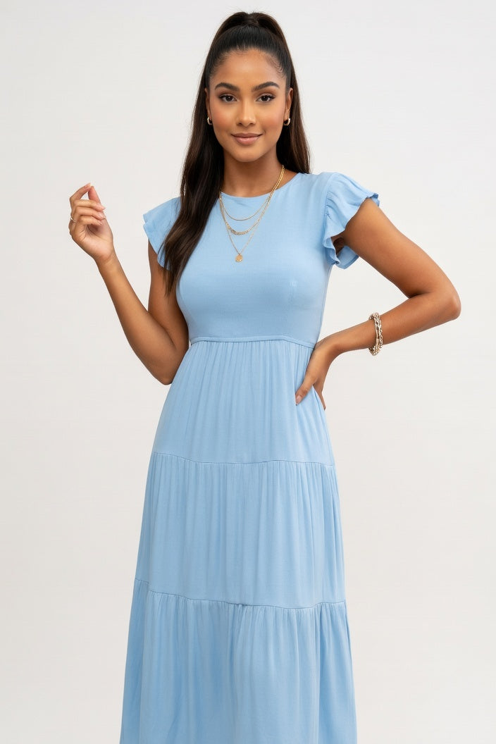 Tiered Mini Dress with Flutter Sleeves — Light Blue