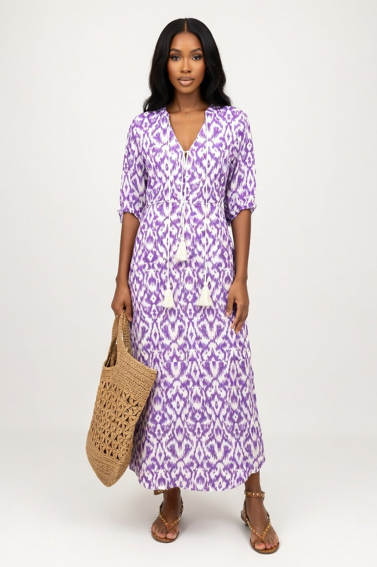 Printed V-Neck Midi Dress — Violet
