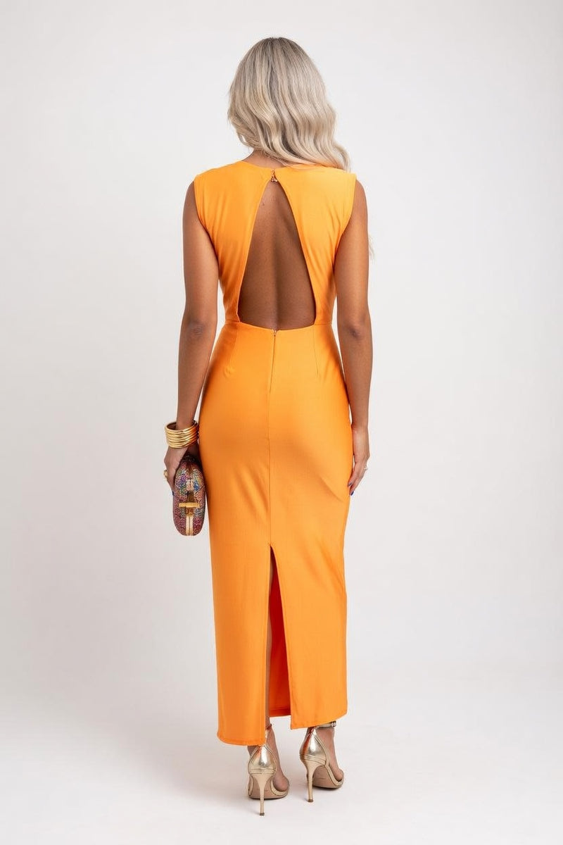Satin V-Neck Pleated Sleeveless Dress — back view