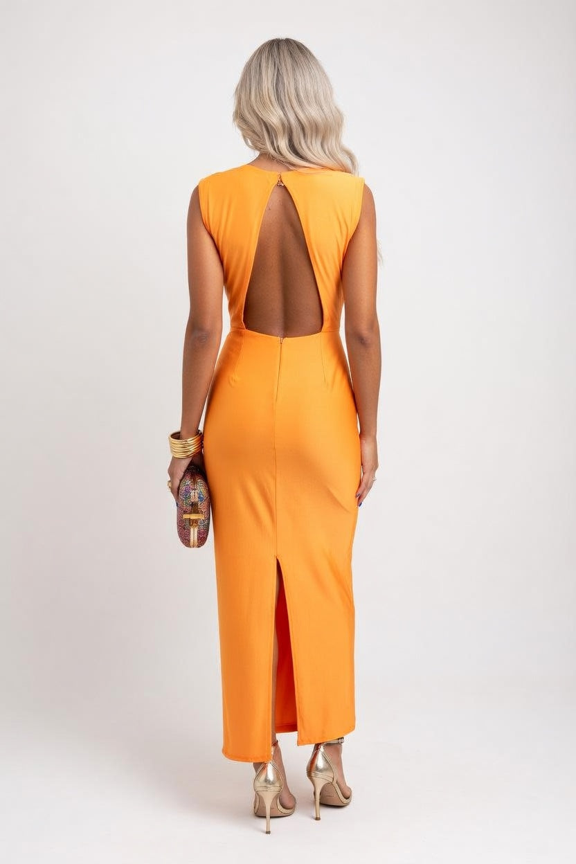 Satin V-Neck Pleated Sleeveless Dress — back view
