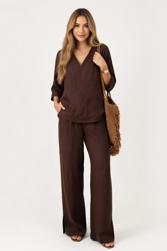 V-Neck Co-Ord Set — Brown