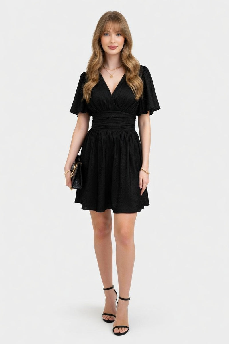 Metallic Ruffle Sleeve Mini Dress — front view