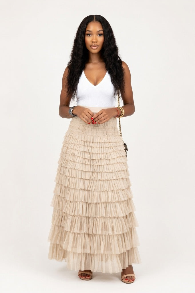 Mesh Tiered Mini Skirt — Apricot