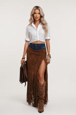 Tassel Hem Suede Mini Skirt — front view