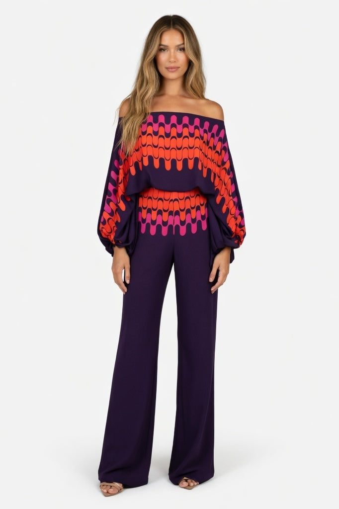 Off-Shoulder Co-ord Set — Purple Print