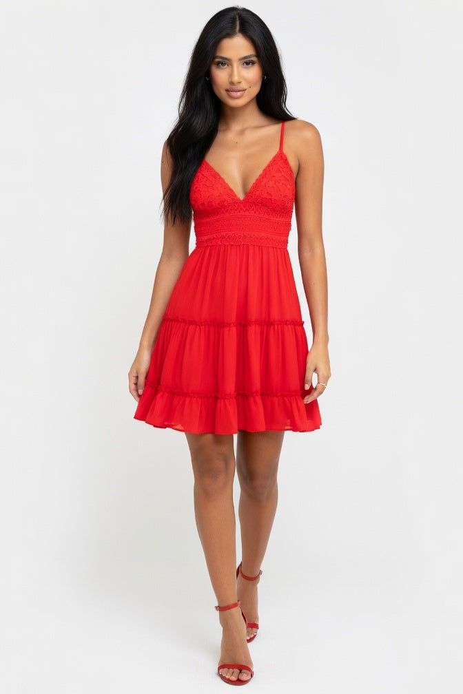 Lace Halter Dress — Red