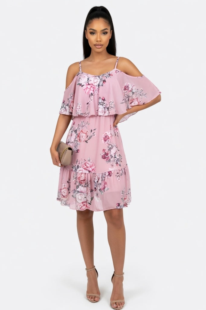 Off-Shoulder Chiffon Dress — Pink
