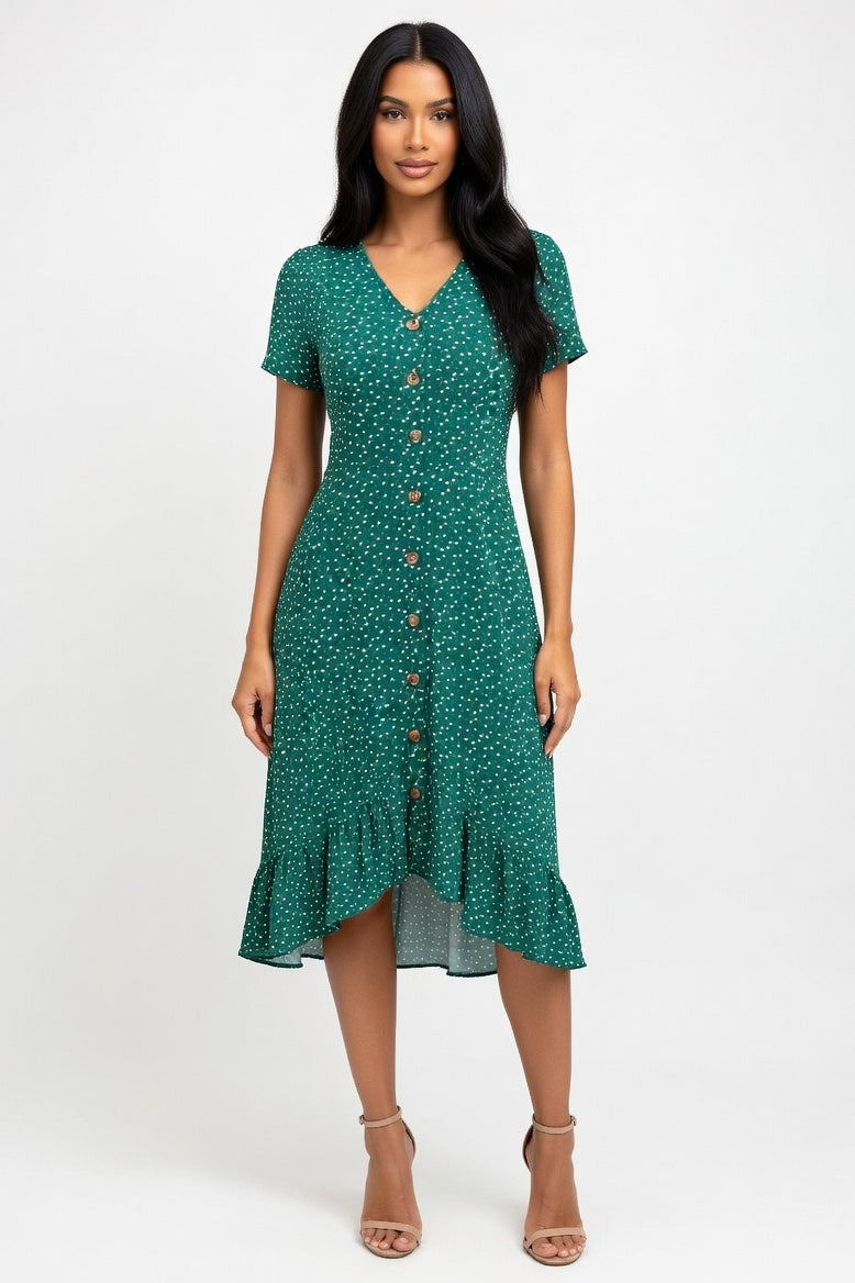 Polka Dot V-Neck Shirt Dress — Green
