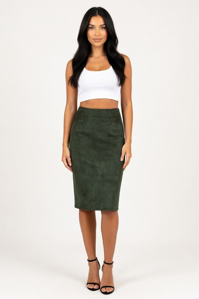 Suede Mini Skirt with Front Slit — Green