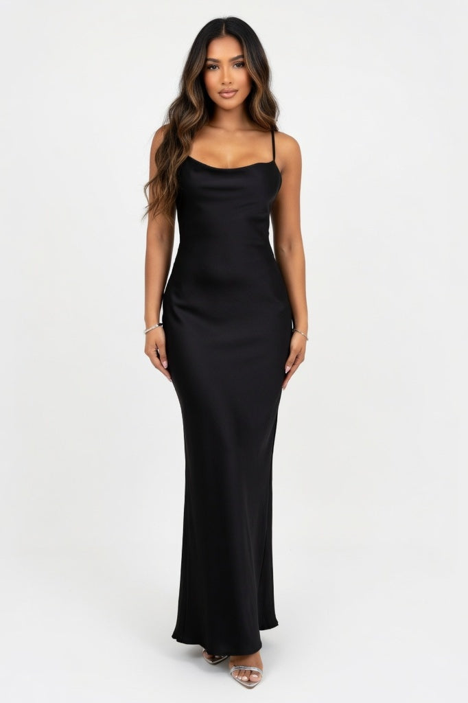 Mesh Backless Halter Dress — Black