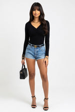 V-Neck Pleated Long Sleeve Top — Black
