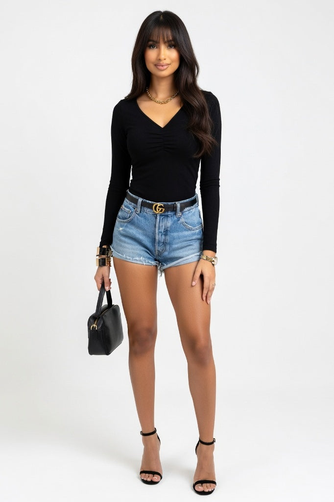 V-Neck Pleated Long Sleeve Top — Black