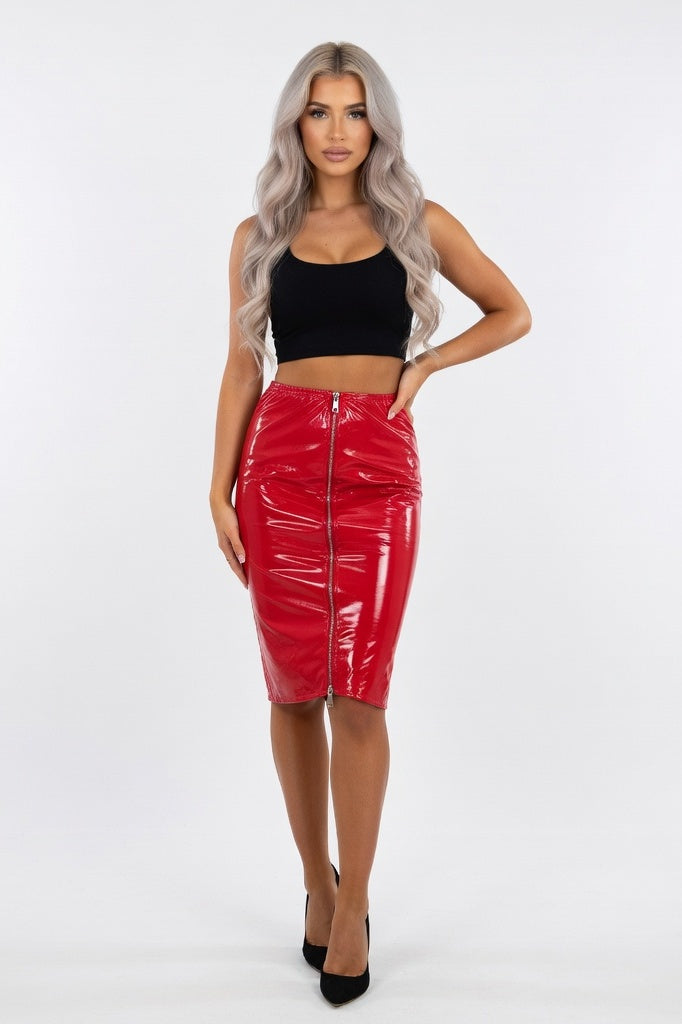 Glossy PU Leather Zip Mini Skirt — Front Zip Red
