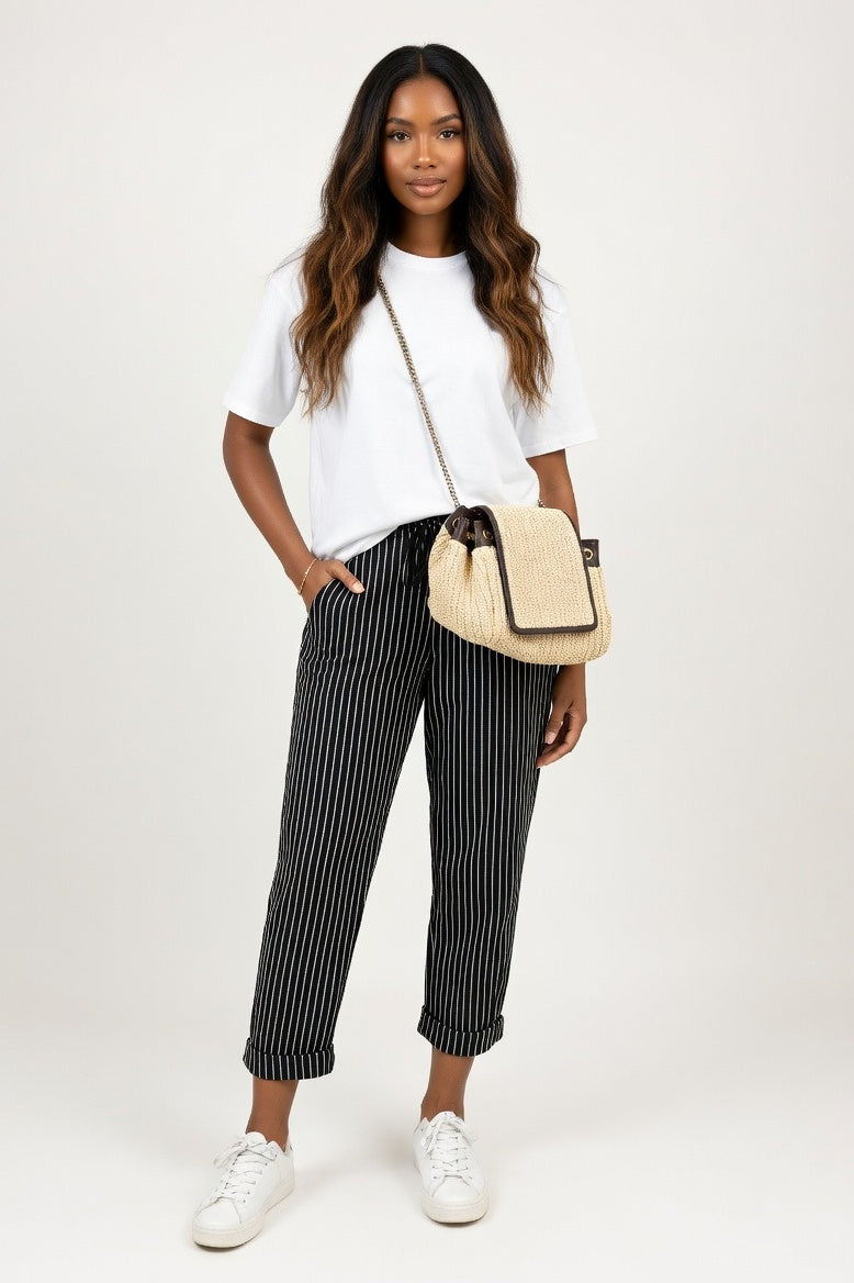 Striped Wide Leg Trousers — Black