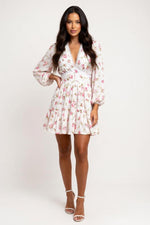 Printed V-Neck Lace Trim Dress — front view