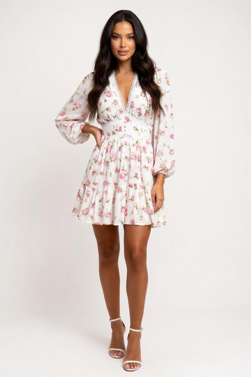 Printed V-Neck Lace Trim Dress — front view