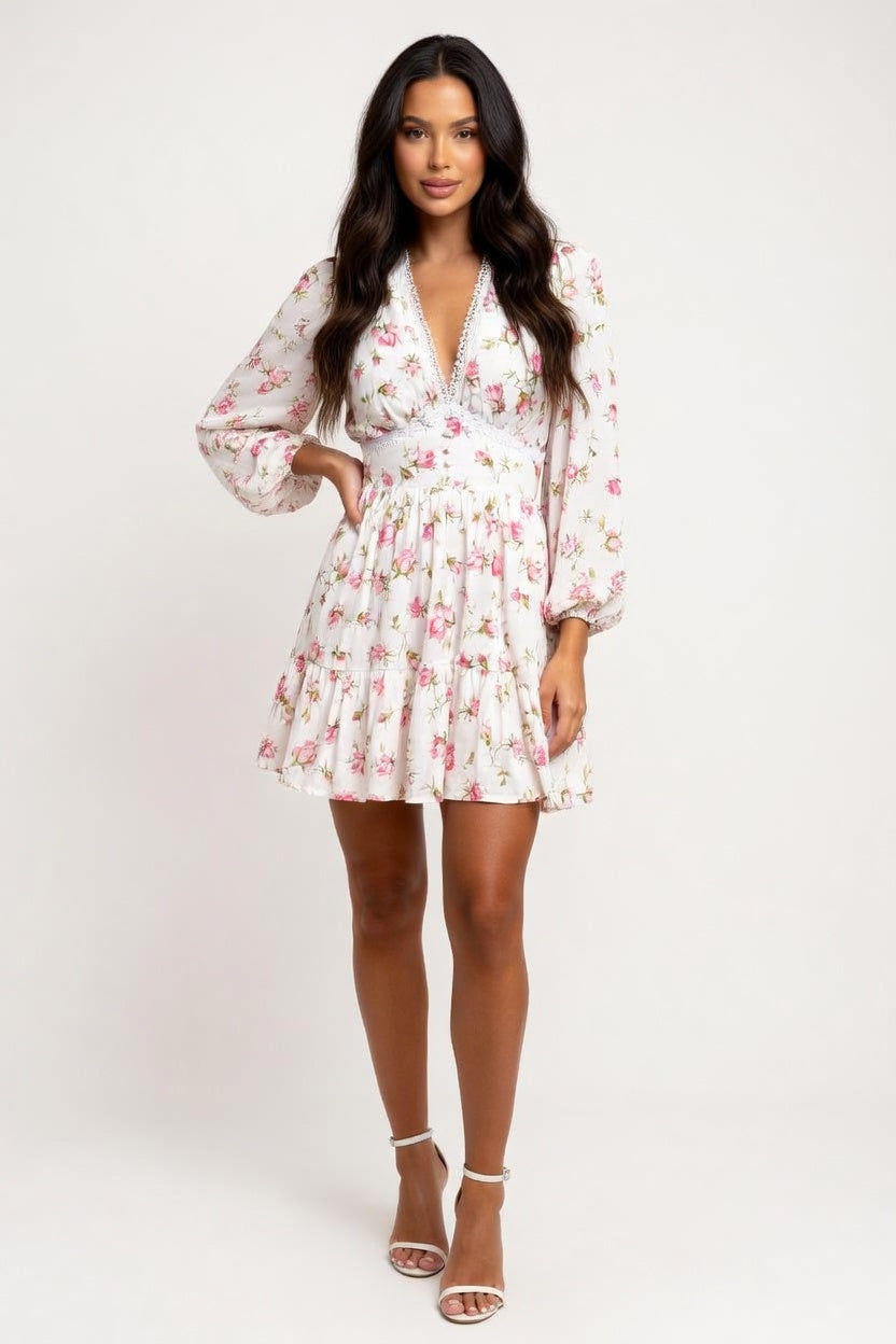 Printed V-Neck Lace Trim Dress — front view