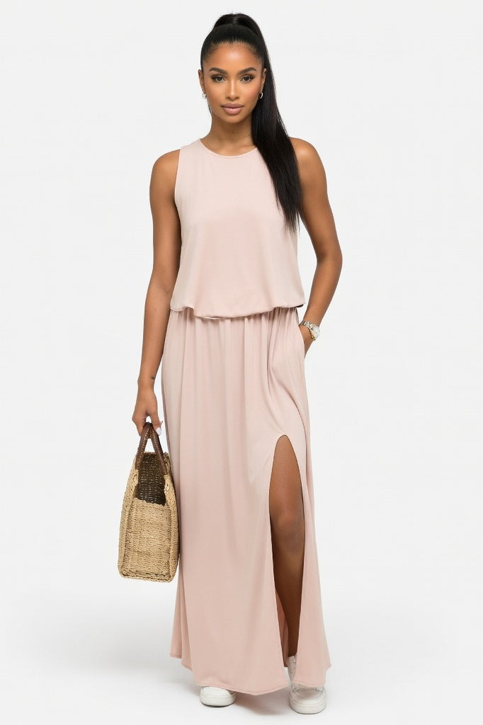 Halter Split Midi Dress — Khaki