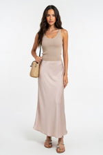 High-Waisted Satin Midi Skirt — Champagne Gold