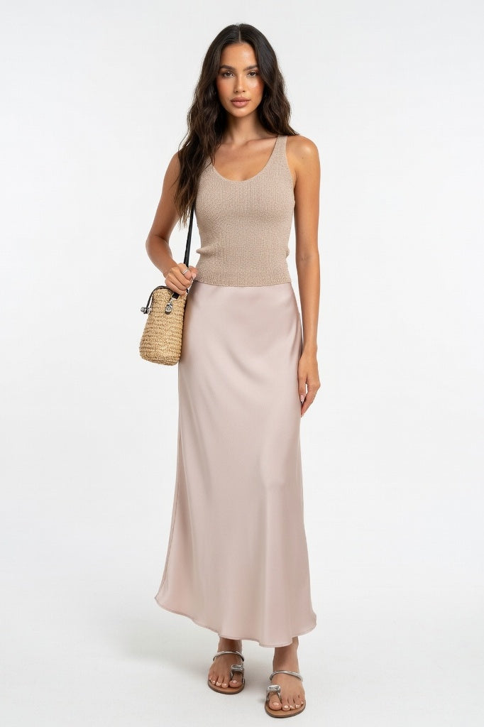 High-Waisted Satin Midi Skirt — Champagne Gold