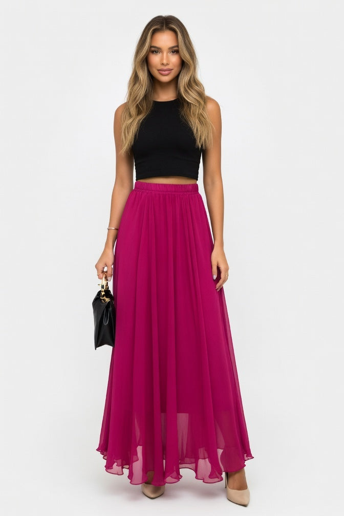 Chiffon High-Waist Maxi Skirt — Red