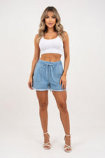 Raw Edge Denim Shorts — front view