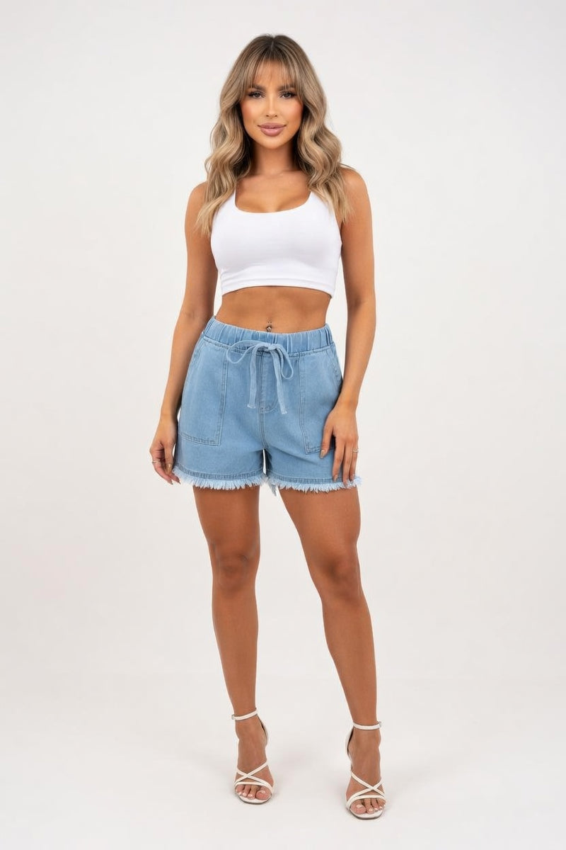 Raw Edge Denim Shorts — front view