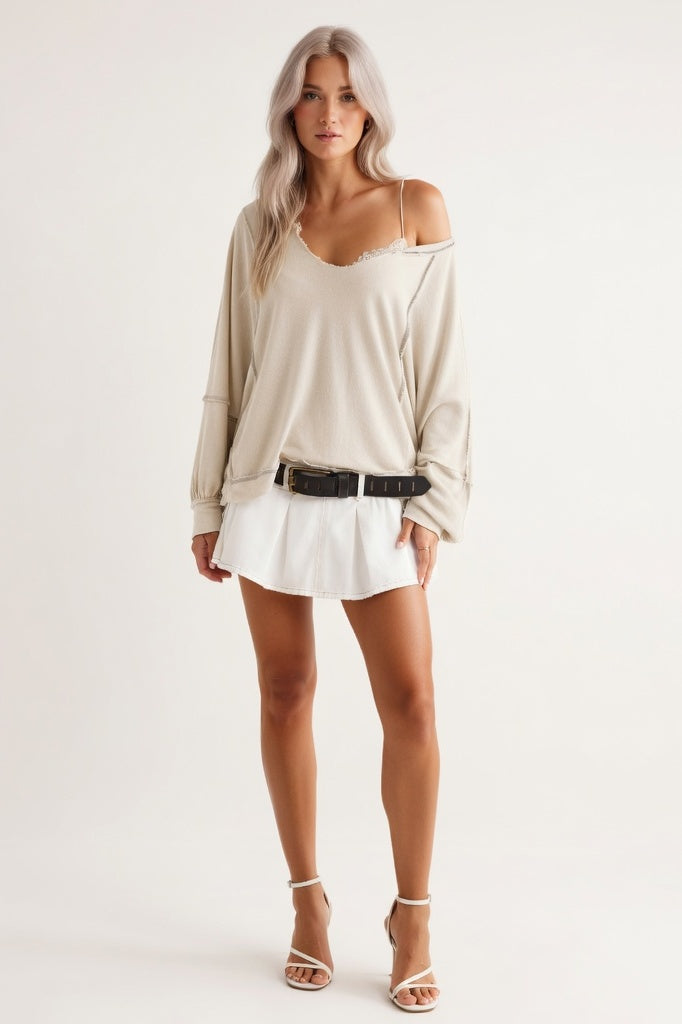 V-Neck Sweatshirt with Contrast Detailing — Apricot
