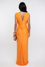 Satin V-Neck Pleated Dress — back view