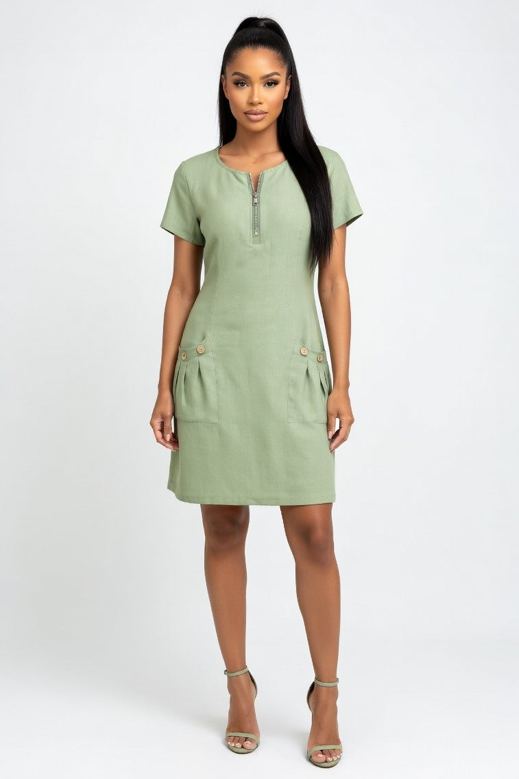 Zip Front Mini Dress — Light Green