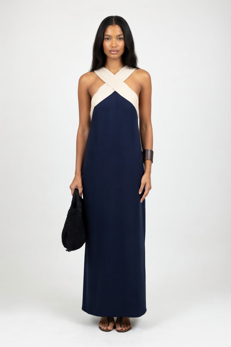 Cross Back Maxi Dress — Black White Strap