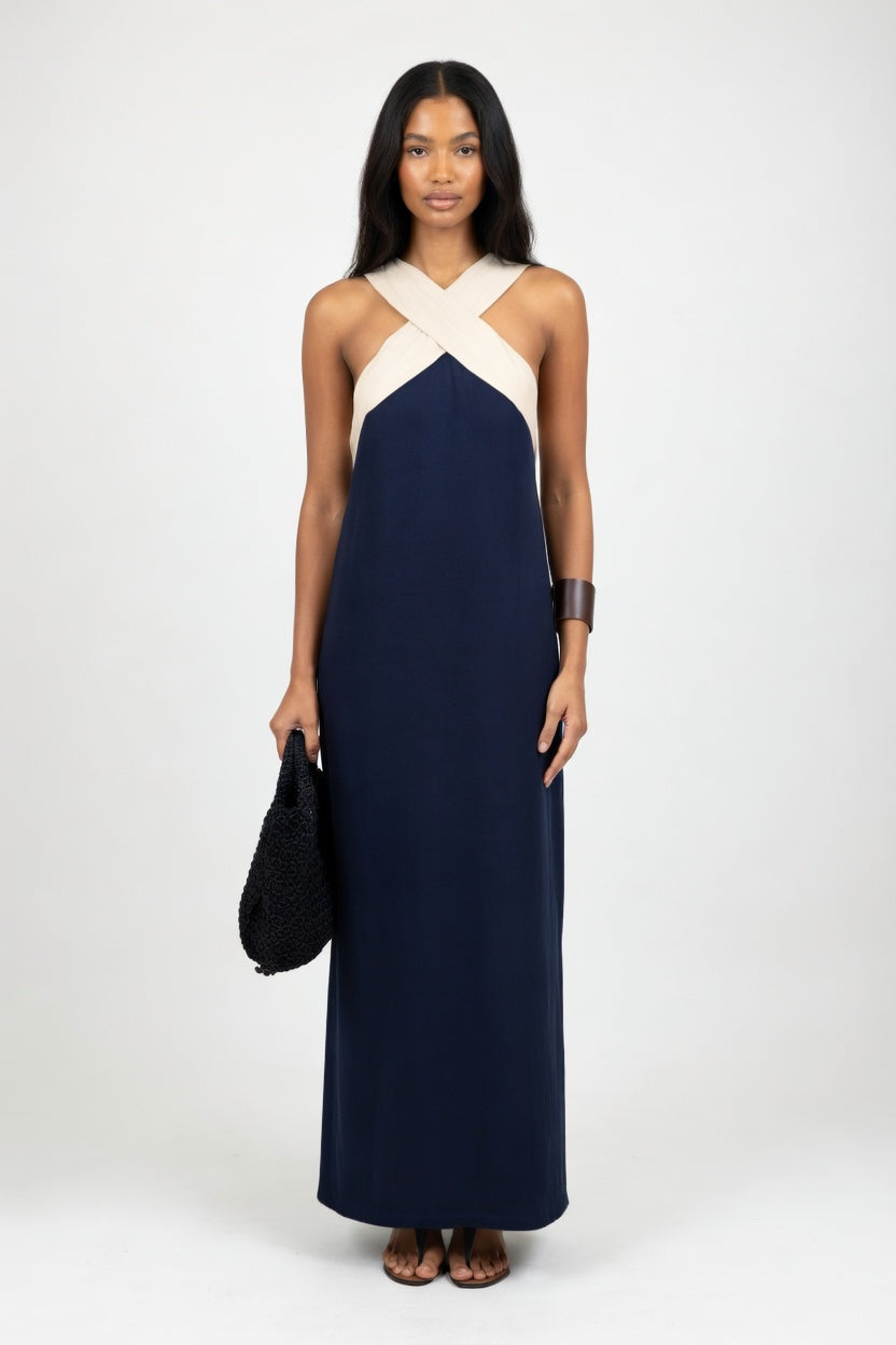 Cross Back Maxi Dress — Black White Strap