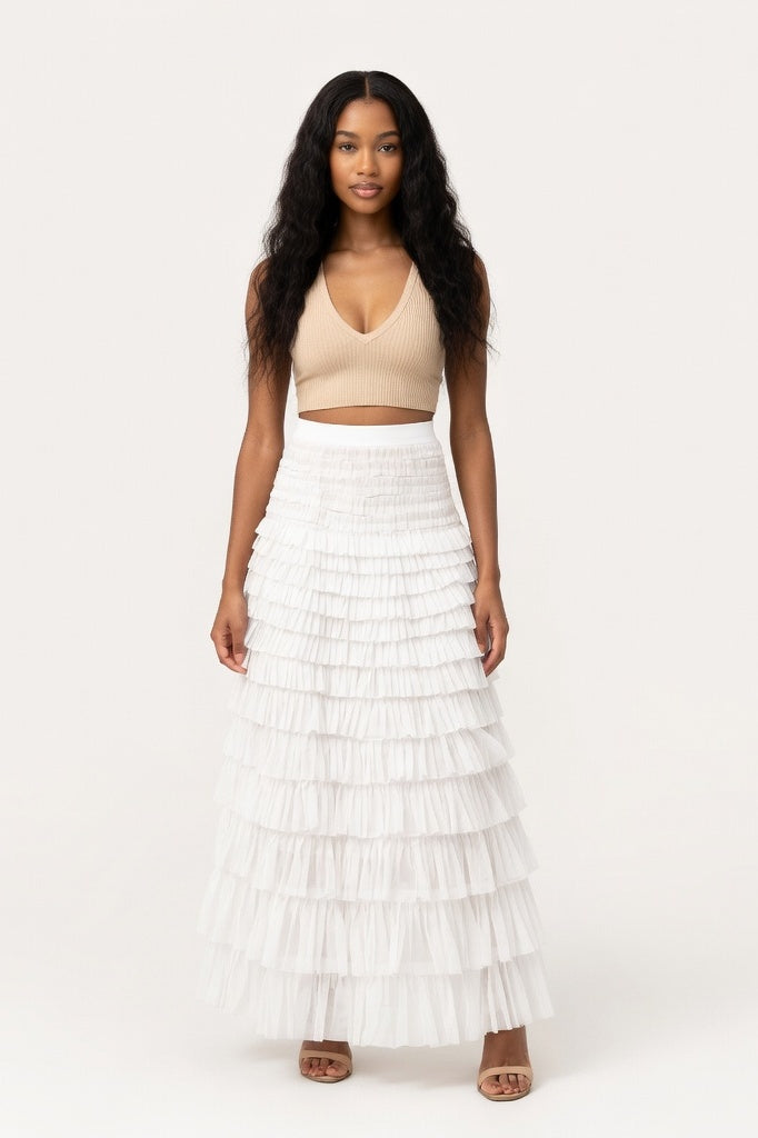 Mesh Tiered Mini Skirt — Off White