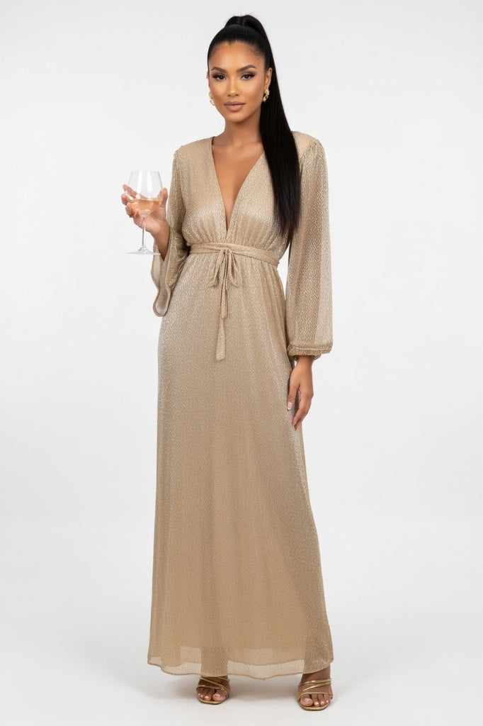 Sequined V-Neck Mini Dress — Champagne
