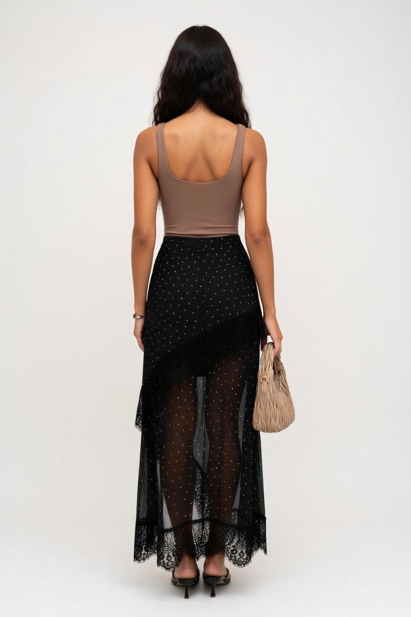Polka Dot Lace Splice Maxi Skirt — back view