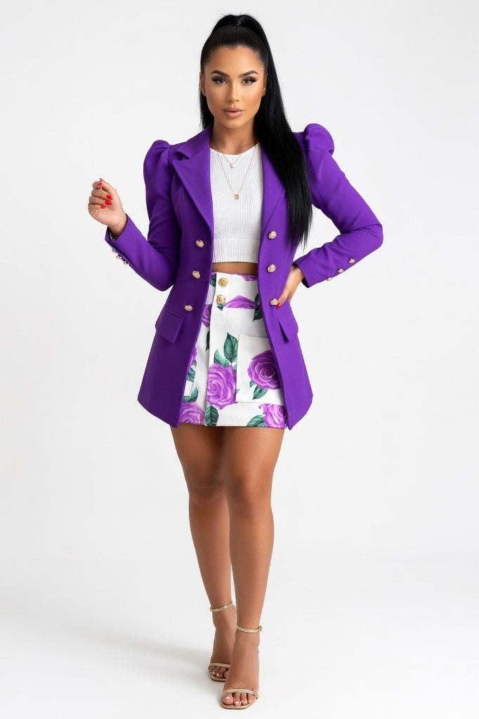 Printed Blazer & Skirt Co-ord Set — Purple