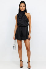 Halterneck Satin Playsuit — Black