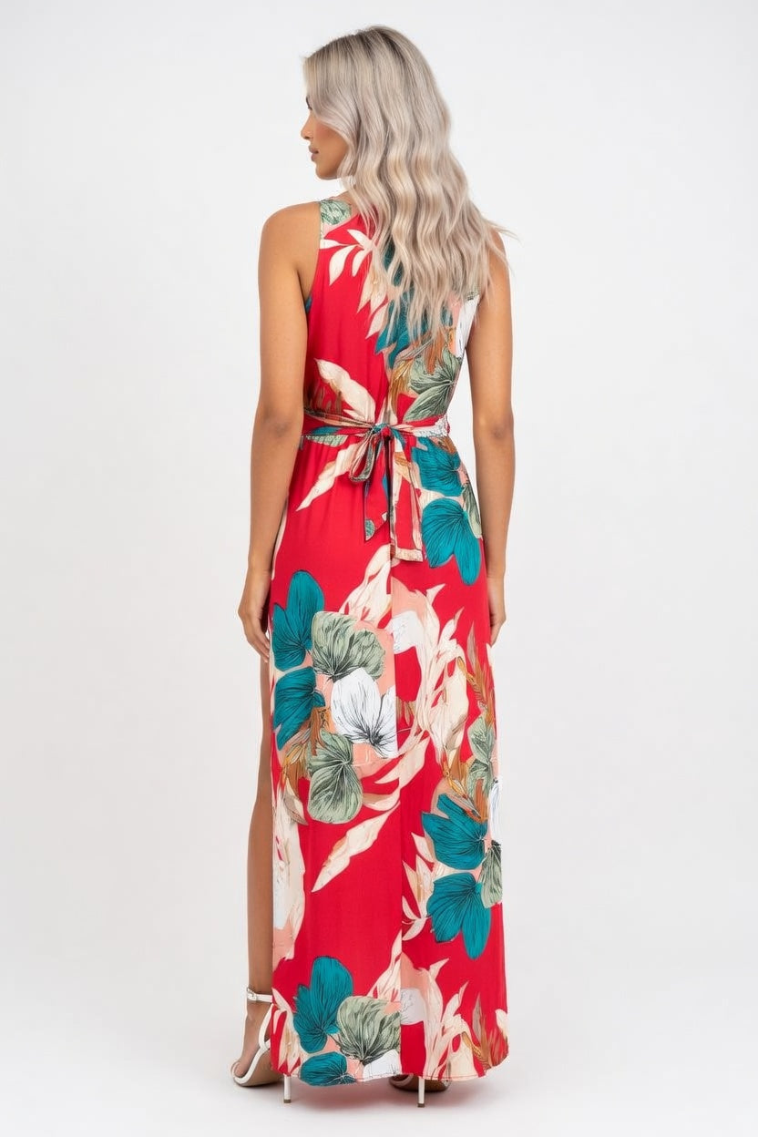Printed V-Neck Sleeveless Dress — back view