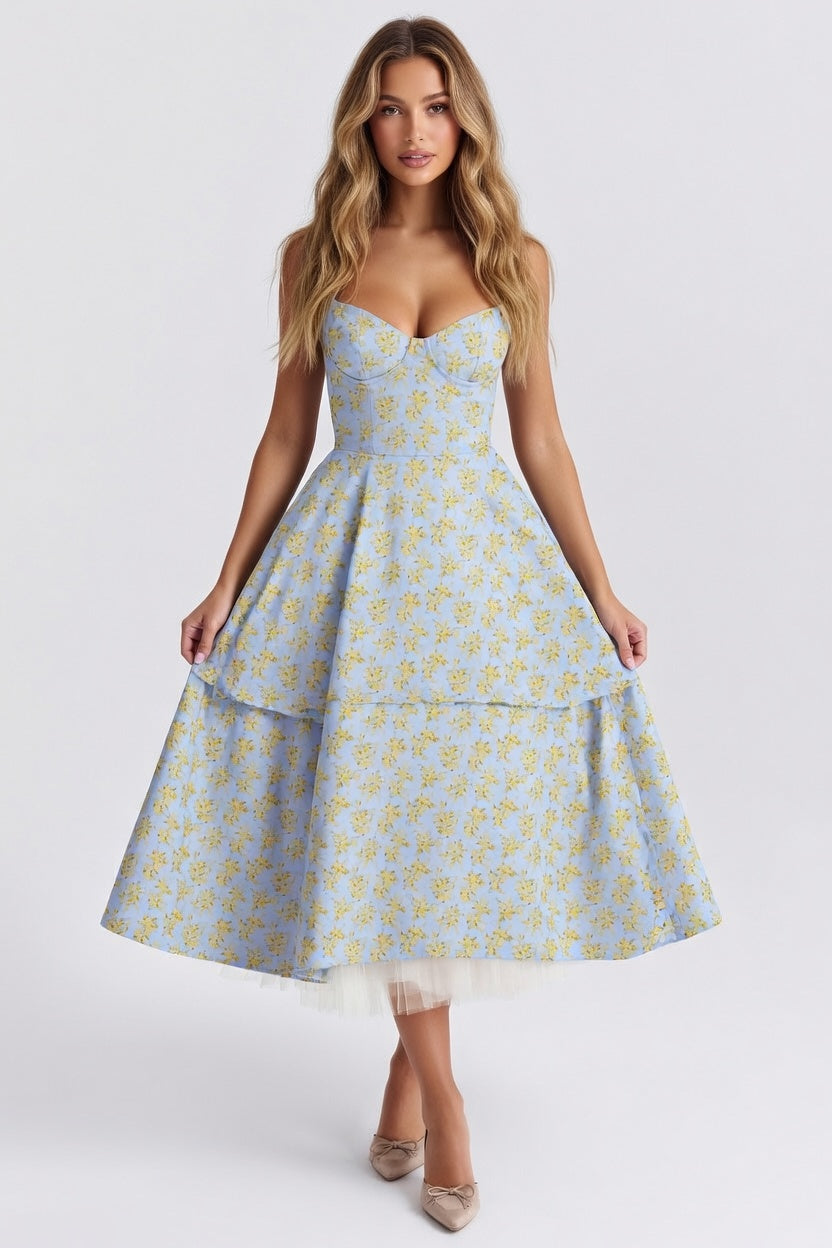 Mesh Double Layer Halter Dress — Blue Yellow Floral