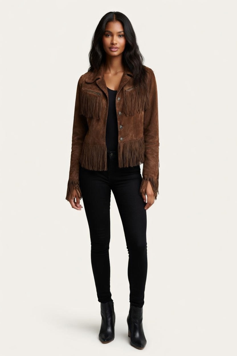 Brown Suede Tassel Jacket — front view